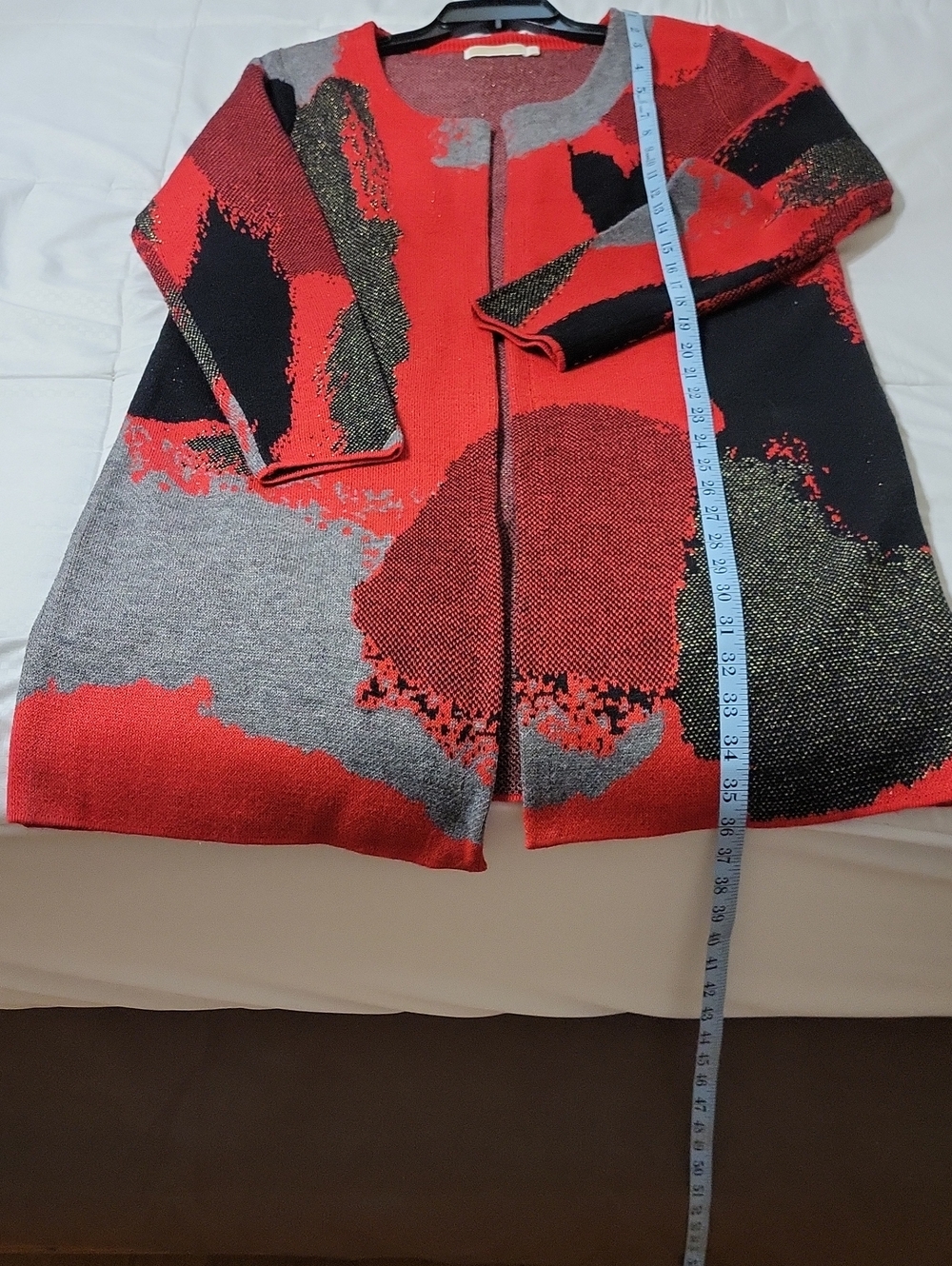 Christina  Red, Black & Gray Abstract Open-Front Cardigan Lth.36 In. P To P 23
